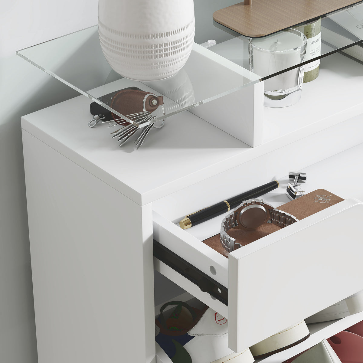 Armoire à Chaussures avec 2 Tiroirs Rabattables + 1 Tiroir Coulissant + 1 Comptoir et 1 Plateau en Verre blanc