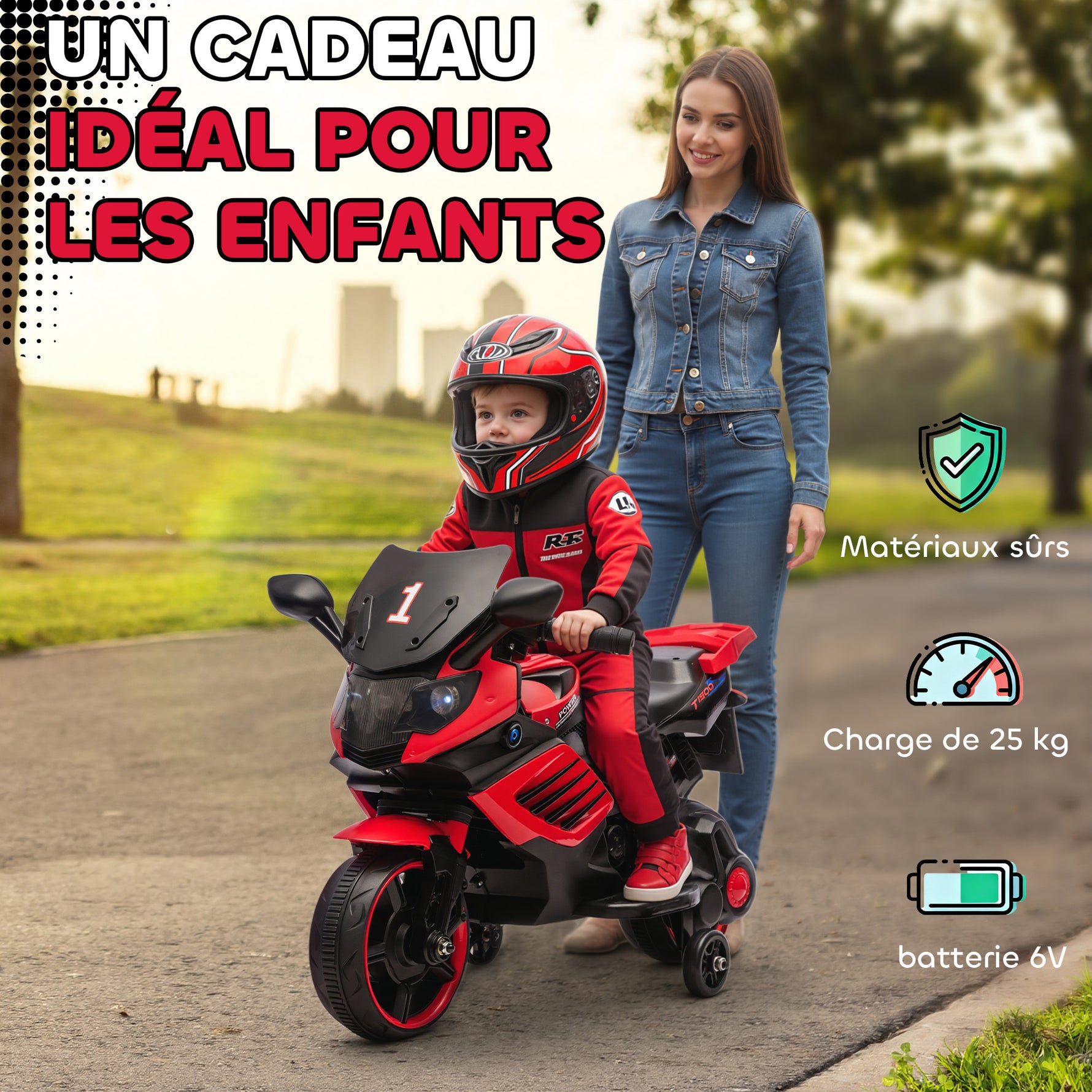 Moto électrique enfants 6 V, voiture électrique enfants avec roues d'entraînement, effets lumineux et sonores, rouge