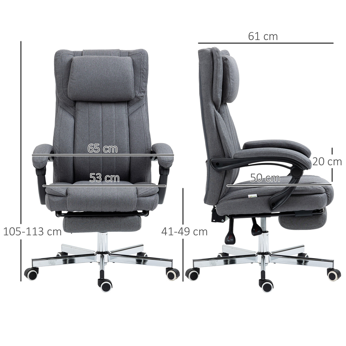 Chaise de bureau siège pivotant dossier inclinable hauteur réglable 65 x 61 x 105-113 cm gris