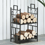 Porte-bûches range bûches étagère à bois de cheminée serviteur de cheminée cerf multi-accessoires 2 étagères dim. 51,5L x 33l x 77H cm métal noir or vieilli