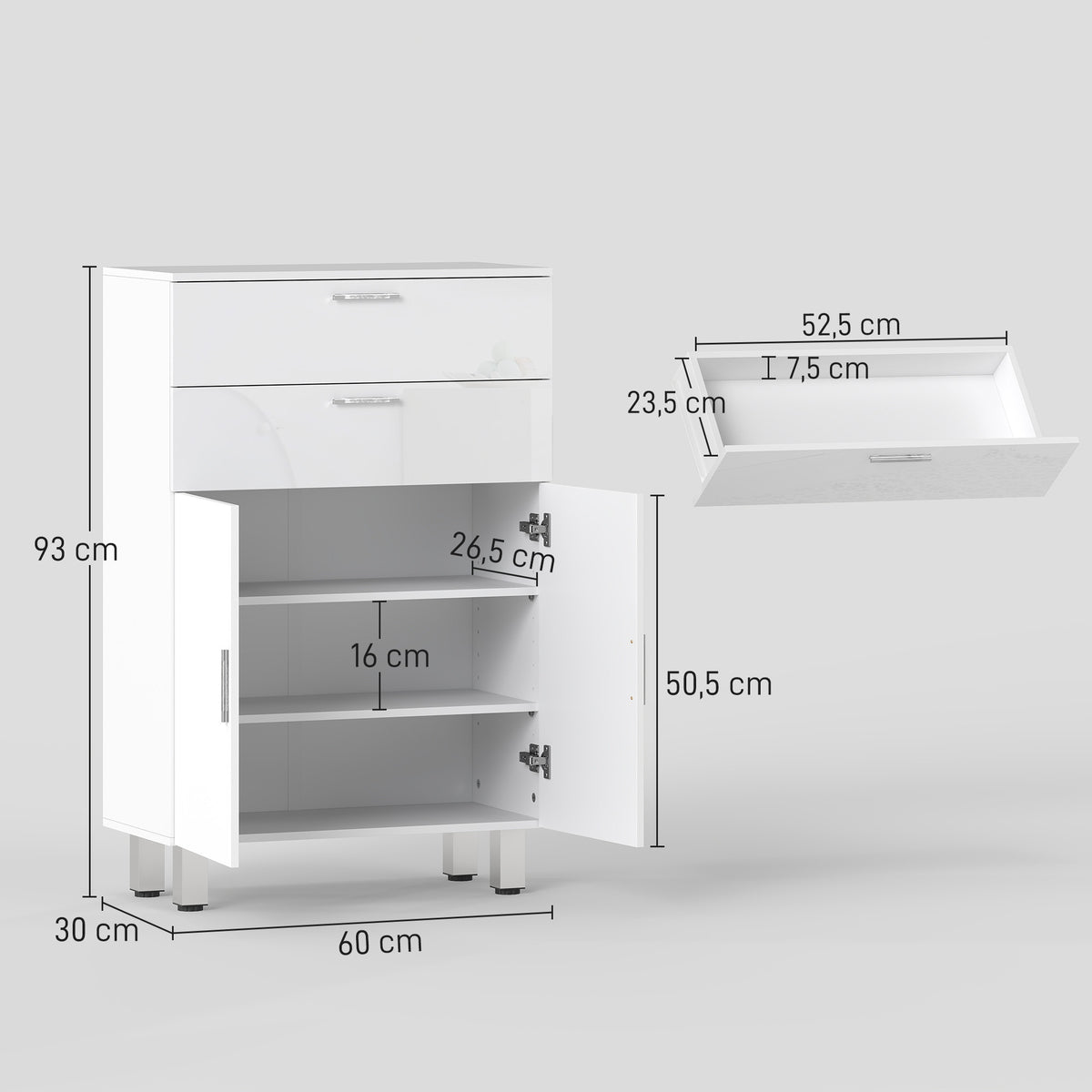 Mobile bagno con 2 cassetti, armadietto a doppia anta e ripiani regolabili 60 x 30 x 93 cm bianco lucido