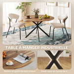 Table à manger ronde pour 4 personnes 120 cm style industriel avec plateau aspect bois, piètement croisé en acier, marron
