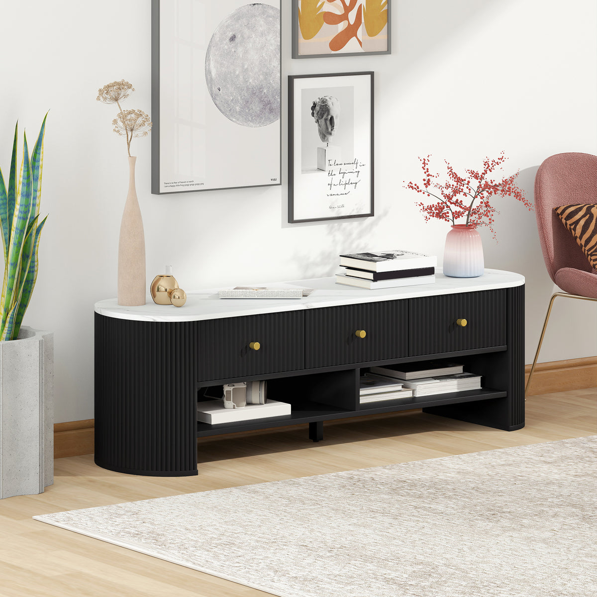 Meuble TV 140 cm, meuble télé pour téléviseur 65 pouces effet marbre avec 3 tiroirs façades à cannelures 2 étagères noir