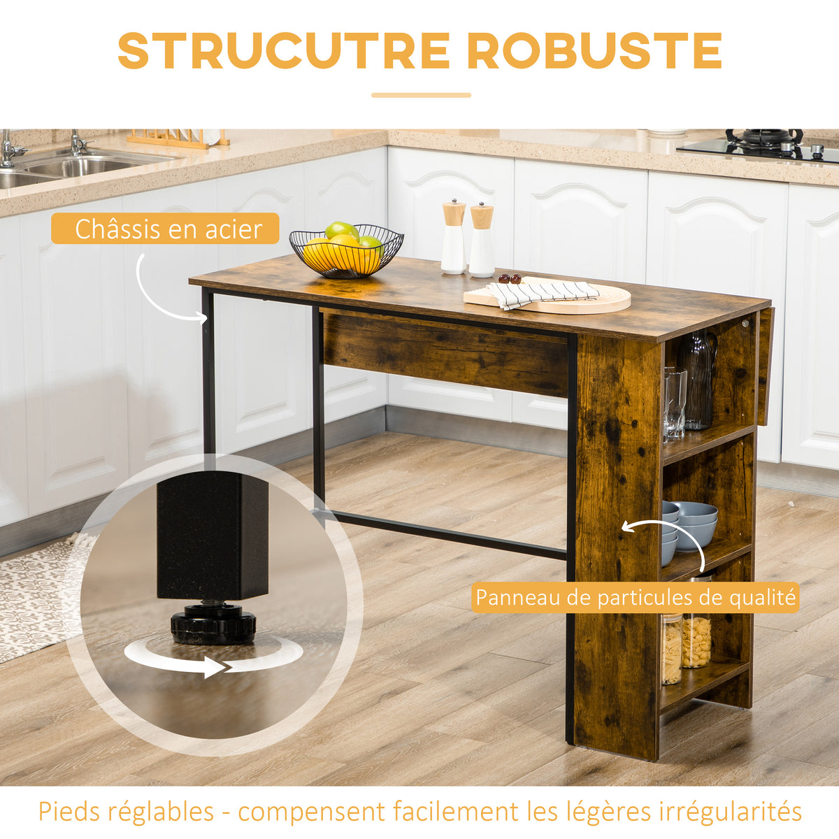 Ilot centra table de bar plateau latéral  rabattable et 3 étagères 120 x 76 x 91,4 cm Brun Rustique