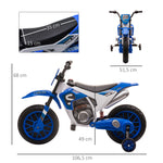Moto Cross électrique Enfant 3 à 5 Ans 12 V 3-8 Km/h avec roulettes latérales Amovibles dim. 106,5L x 51,5l x 68H cm Bleu