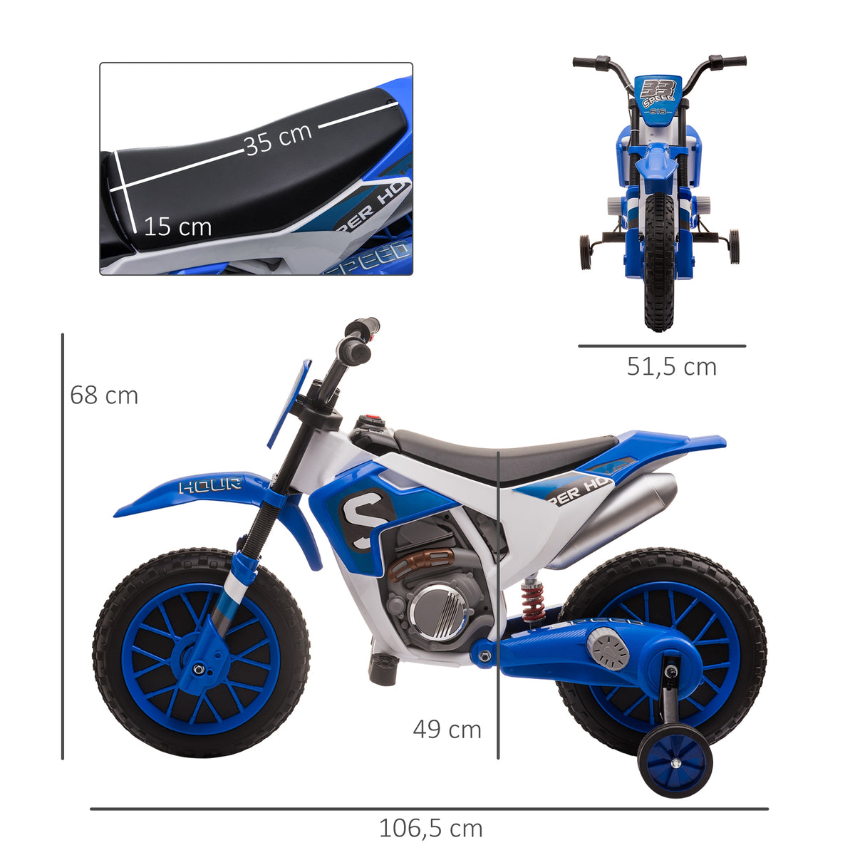 Moto Cross électrique Enfant 3 à 5 Ans 12 V 3-8 Km/h avec roulettes latérales Amovibles dim. 106,5L x 51,5l x 68H cm Bleu
