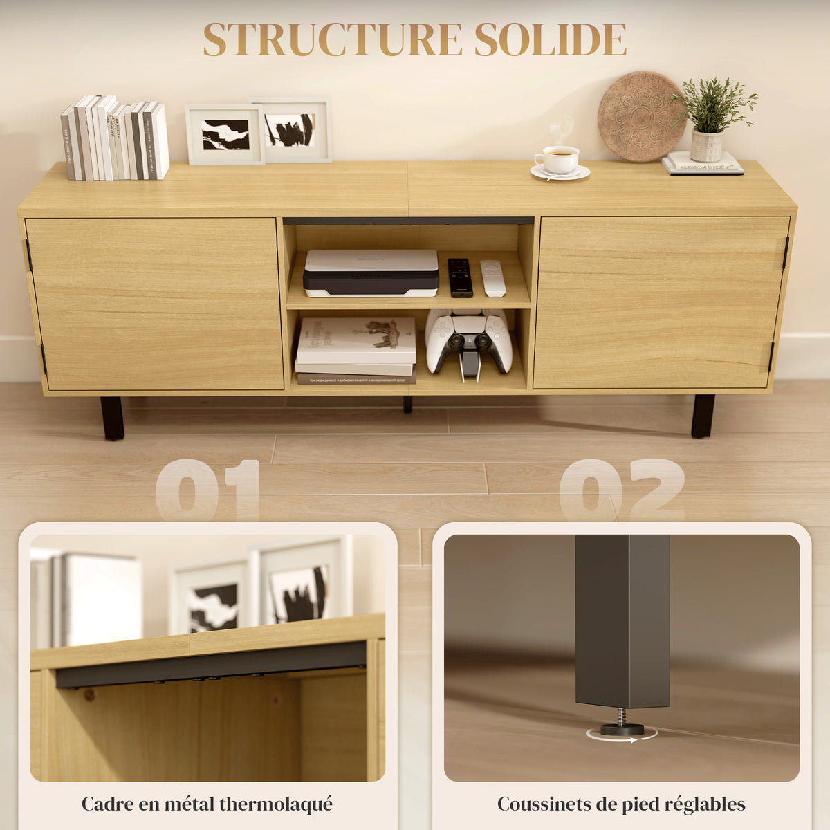 Meuble TV, meuble télé jusqu'à 65 pouces, 2 portes à ouverture par pression et 2 étagères, 160x35x55,5cm, bois naturel