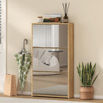Meuble à chaussures 9 paires, armoire à chaussures étroite, 3 tiroirs rabattables portes miroirs, 65x17x114,5cm naturel