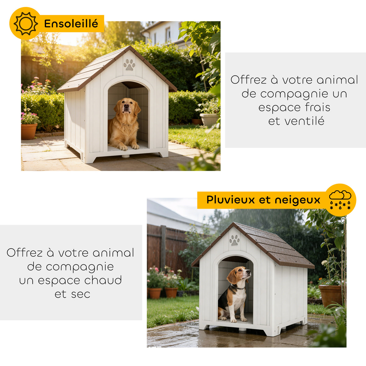 Niche pour chien extérieur, maison chien en polypropylène imperméable, ventilé, plancher surélevé, gris clair