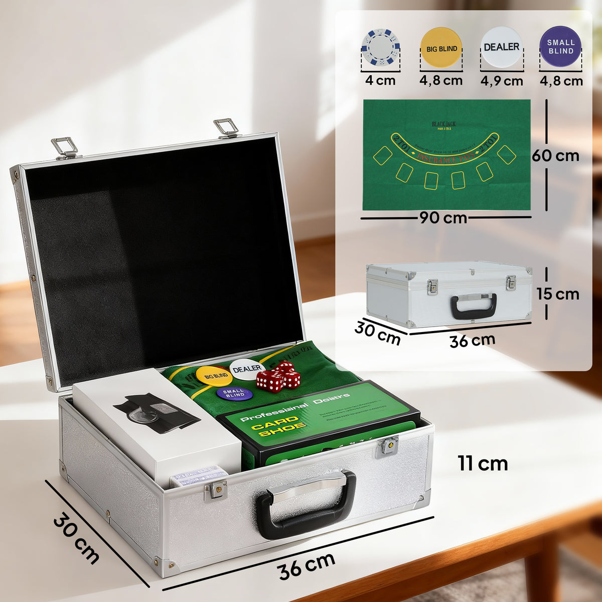 Pokerkoffer Komplettes Poker-Set 300 Jetons, Spielkarten, Würfel, Dealer-Button, Spielmatte, Schlüssel, ABS-Gehäuse, Silber