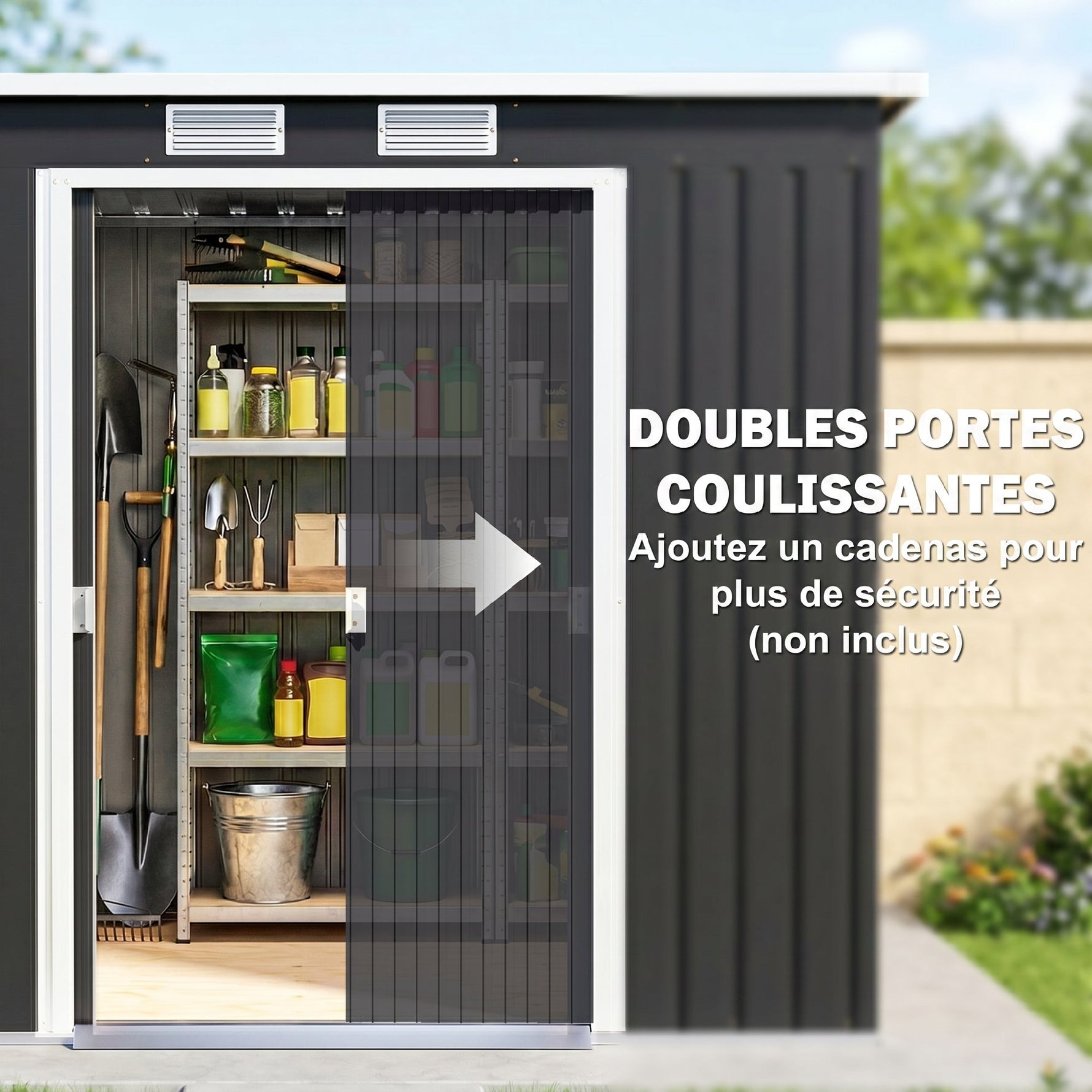 Abri de jardin 2,77 m² 213 x 130 x 172 cm kit de fondation porte coulissante ventilations acier galvanisé gris foncé
