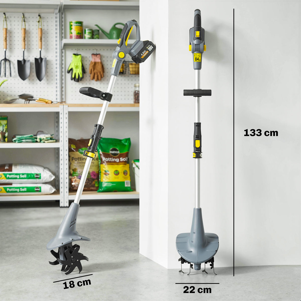 Motobineuse sans Fil Motoculteur Électrique 18V 355W avec 2 Batteries 4,0Ah Léger et Anti-mal de Dos, Largeur 20cm Gris