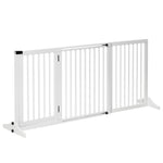 Dog safety gate, freestanding gate, adjustable length, built-in lockable door, dim. 113-166L x 36W x 71H cm, white pine