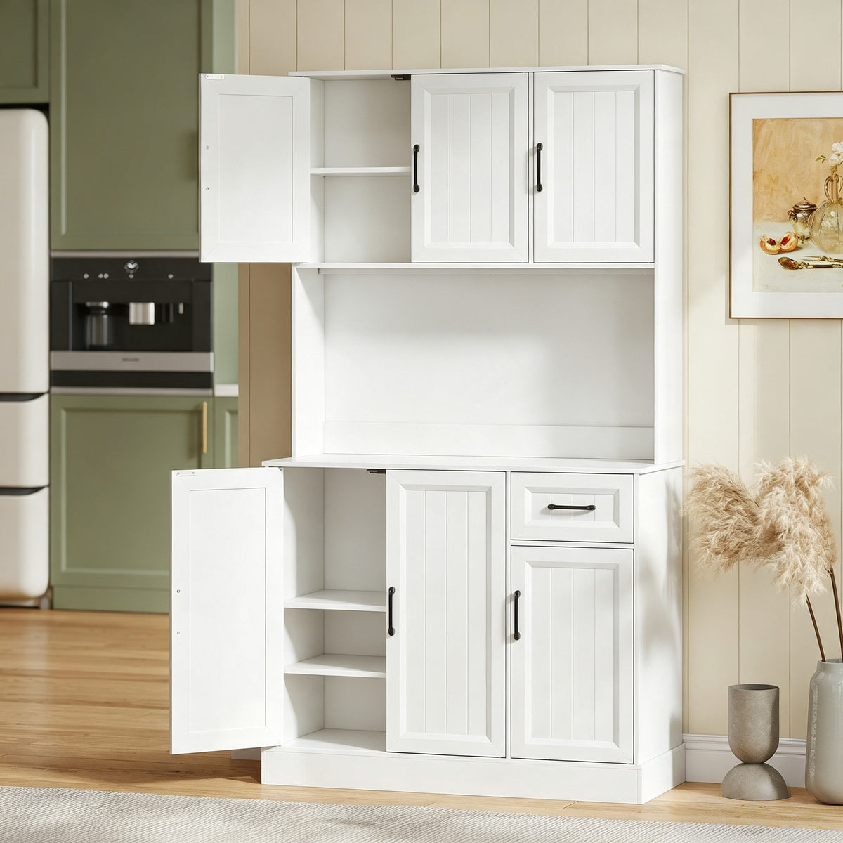 Buffet Haut Cuisine Moderne, 6 Portes, 1 tiroir, 1 Compartiment Ouvert, Étagères Réglables, 100 x 39,5 x 180,5 cm, Blanc