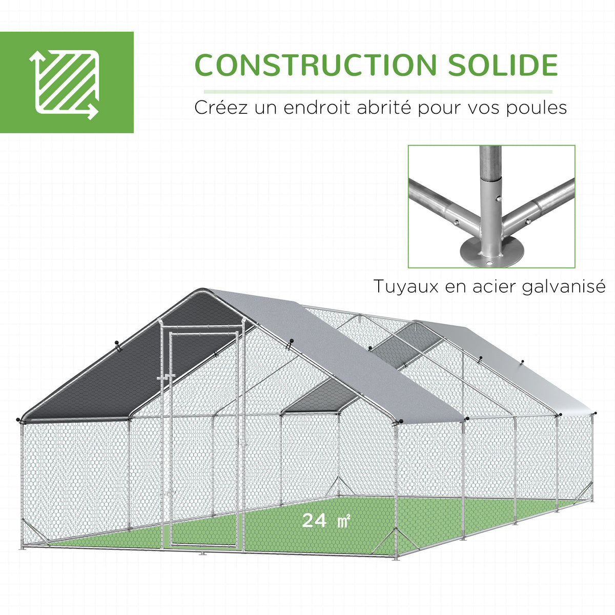 Enclos poulailler chenil volière extérieur 24 m² - Parc grillagé dim. 3L x 8l x 2H m - Espace Couvert - Acier galvanisé