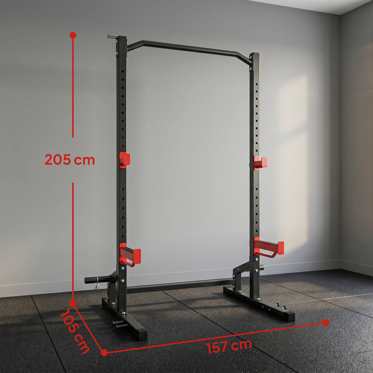 Power Tower Multifunzione Carico 500 kg, Barra per Trazioni, Rack per Squat, Supporti per Dischi, 157x105x205cm, Rosso