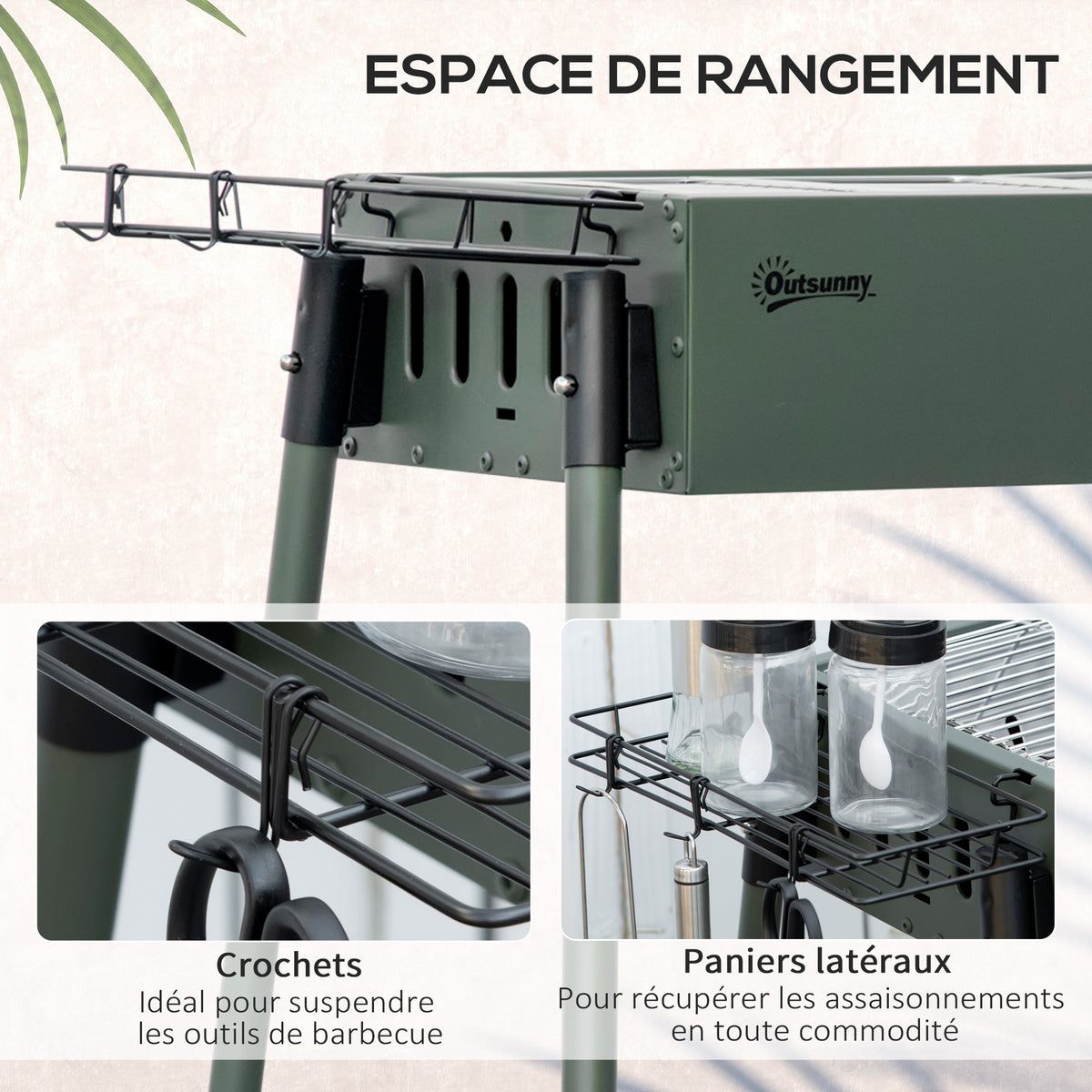 Barbecue au charbon de bois avec 2 grilles portable BBQ Grill sur Pieds amovibles2 paniers latéraux, 94L x 39l x 70H cm