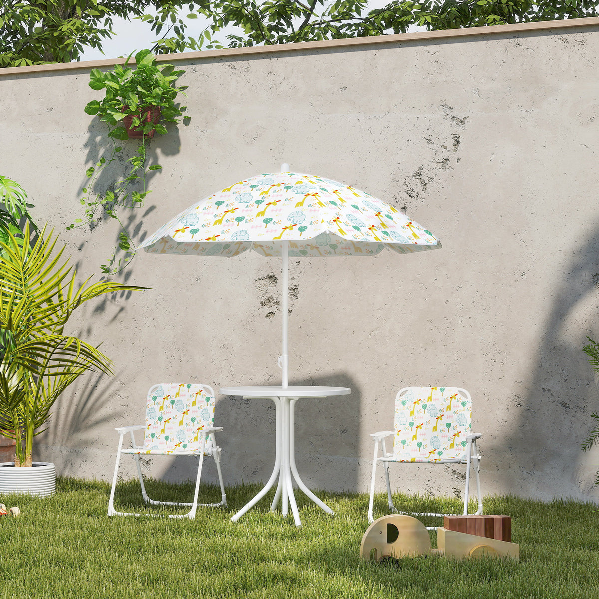 Ensemble salon de jardin extérieur enfant 4 pièces, motif éléphant et girafe, parasol réglable Ø 100 cm, chaise pliable