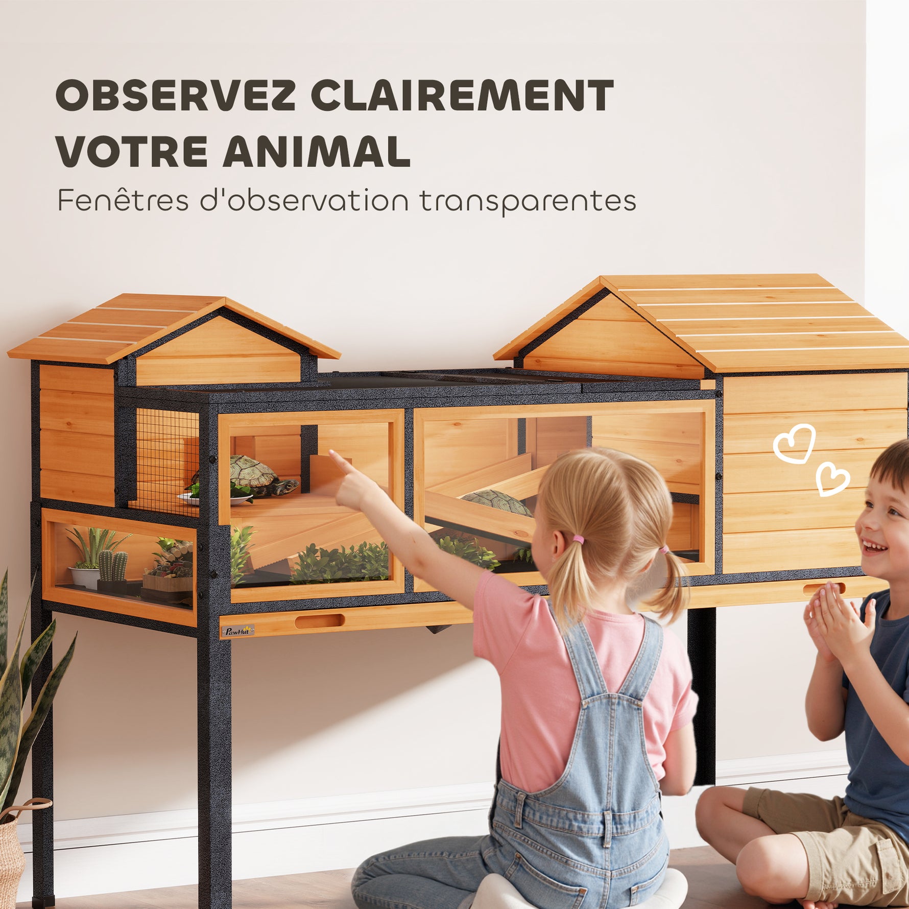 Maison pour tortues à 2 étages 2 chambres fenêtres rampes toit ouvrable et plateau 128 x 63 x 96 cm jaune