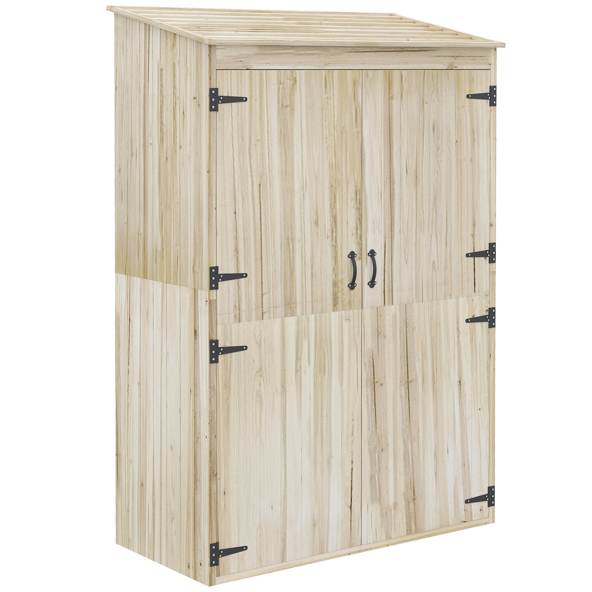 Armadio da giardino, armadio ripostiglio in legno, 2 ripiani, 2 ante, tetto inclinato, 120 x 57 x 183 cm, legno naturale