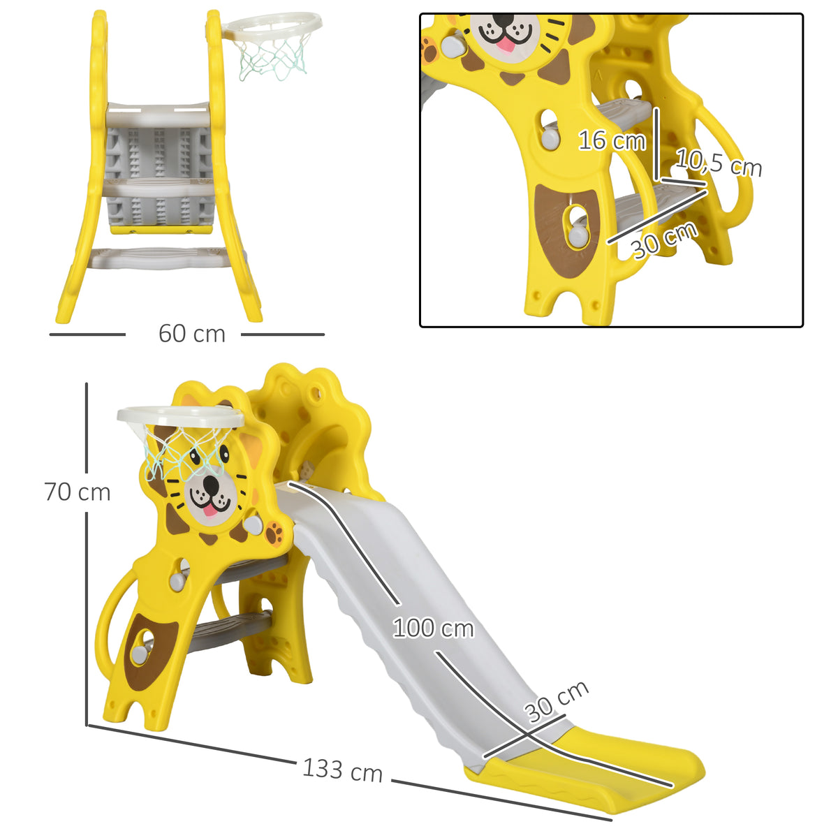 Toboggan pour enfants intérieur extérieur avec panier de basket pour les enfants de 18 à 36 mois, jaune, gris