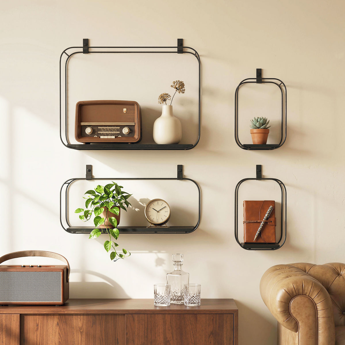 Lot de 4 étagères murales industrielles, étagères flottantes géométriques en métal, pour salon, chambre et bureau, noir