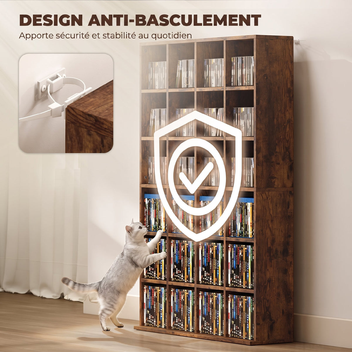 Meuble de Rangement 456 CDs / 336 DVDs, Étagère Multimédia, 24 Compartiments et 16 Étagères Ajustables, Marron