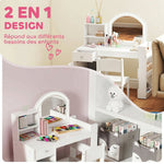 Coiffeuse pour enfants avec tabouret et miroir LED, table de maquillage pour 3 à 8 ans, 88,6 x 38,8 x 96,9 cm, blanc