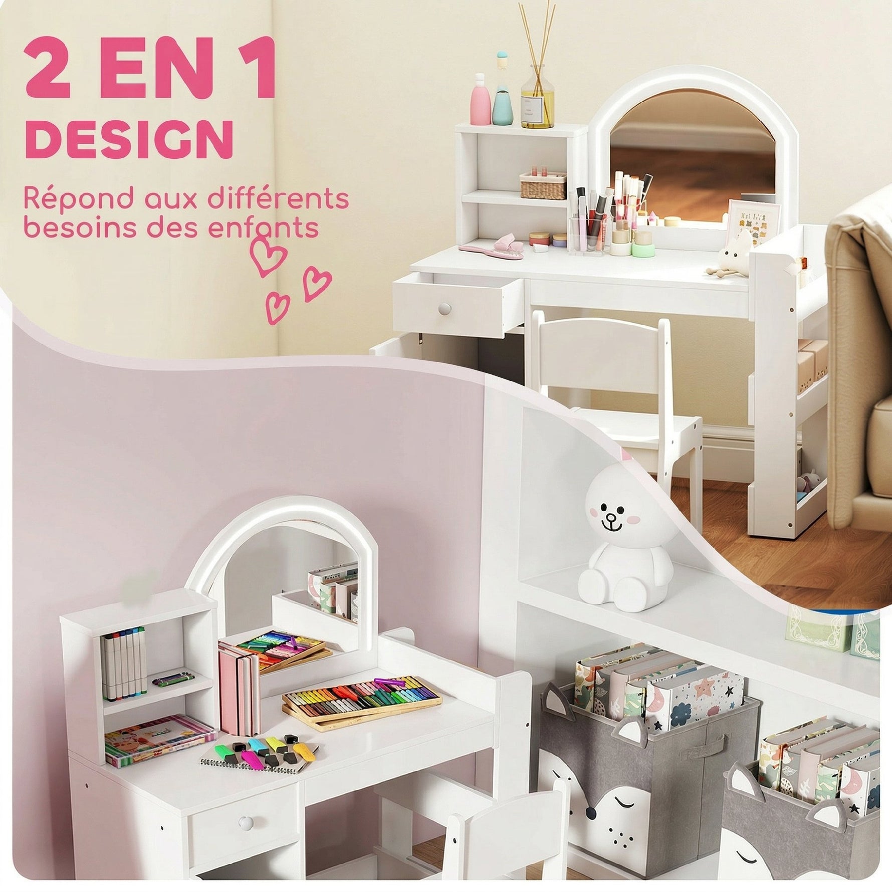Coiffeuse pour enfants avec tabouret et miroir LED, table de maquillage pour 3 à 8 ans, 88,6 x 38,8 x 96,9 cm, blanc
