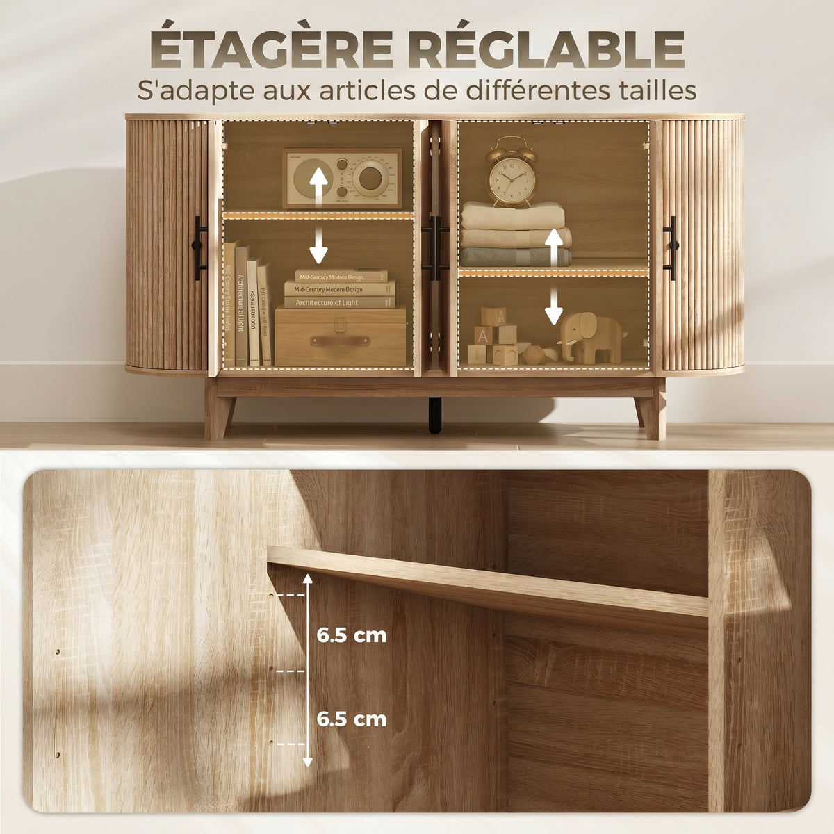Buffet salon, meuble de rangement ovale avec 6 portes et 2 étagères réglables, 147x40x76cm, chêne