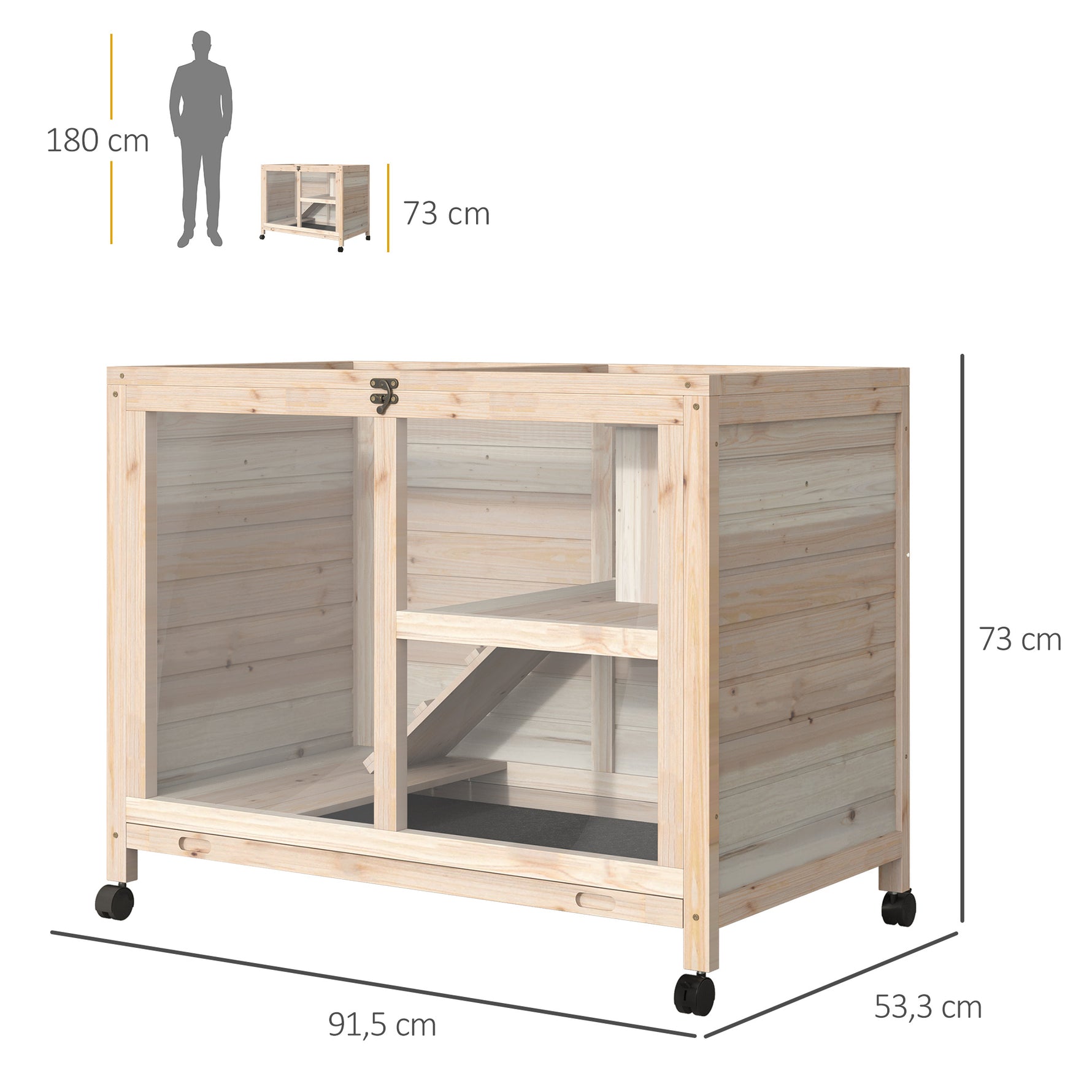 Cage à lapin clapier sur roulettes petit enclos animaux en bois massif 2 étages toit ouvrant plates-formes 91,5 x 53,3 x 73 cm bois naturel