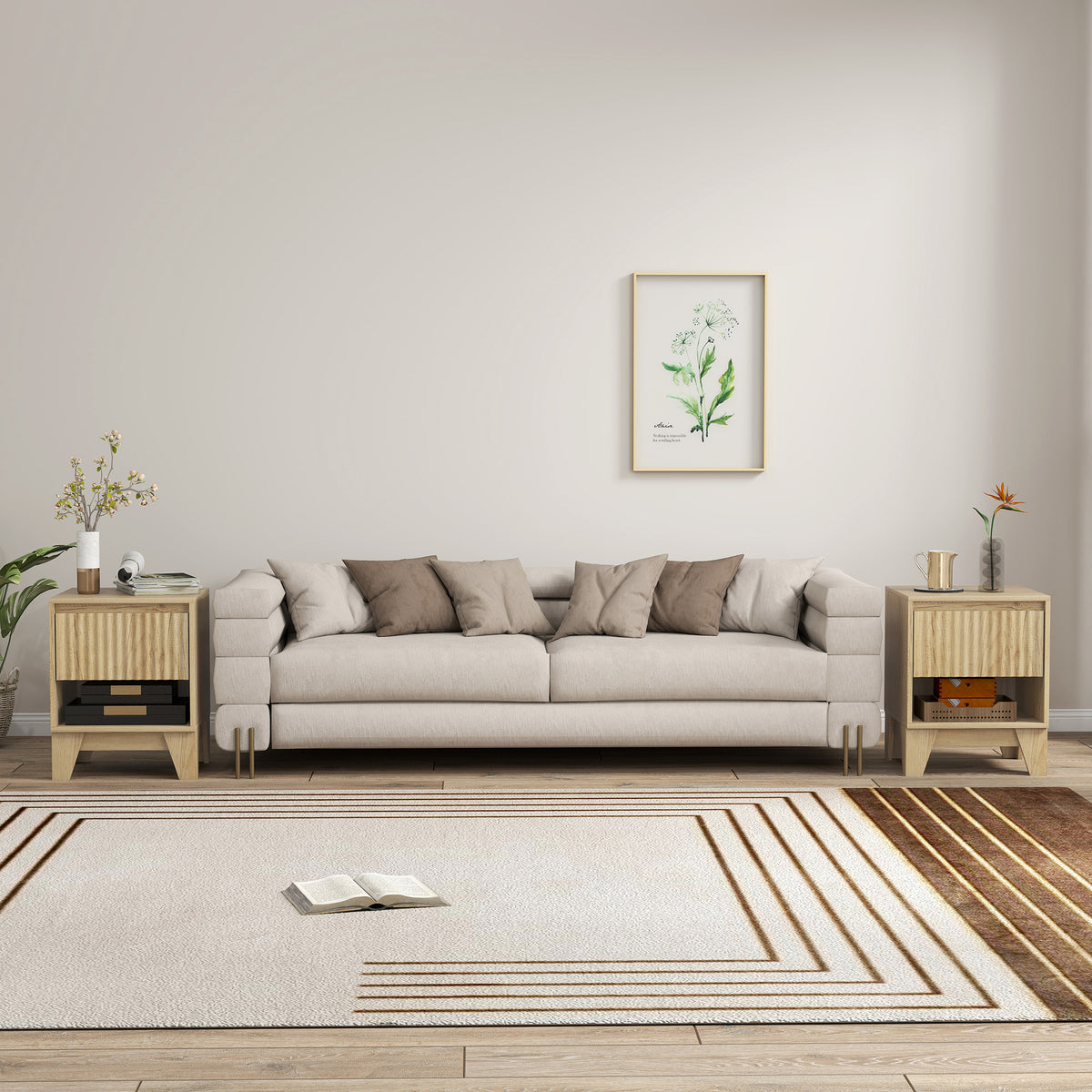 Lot de 2 tables de chevet étroite, table d'appoint compartiment ouvert 1 tiroir, panneaux cannelés 43x40x55cm naturel
