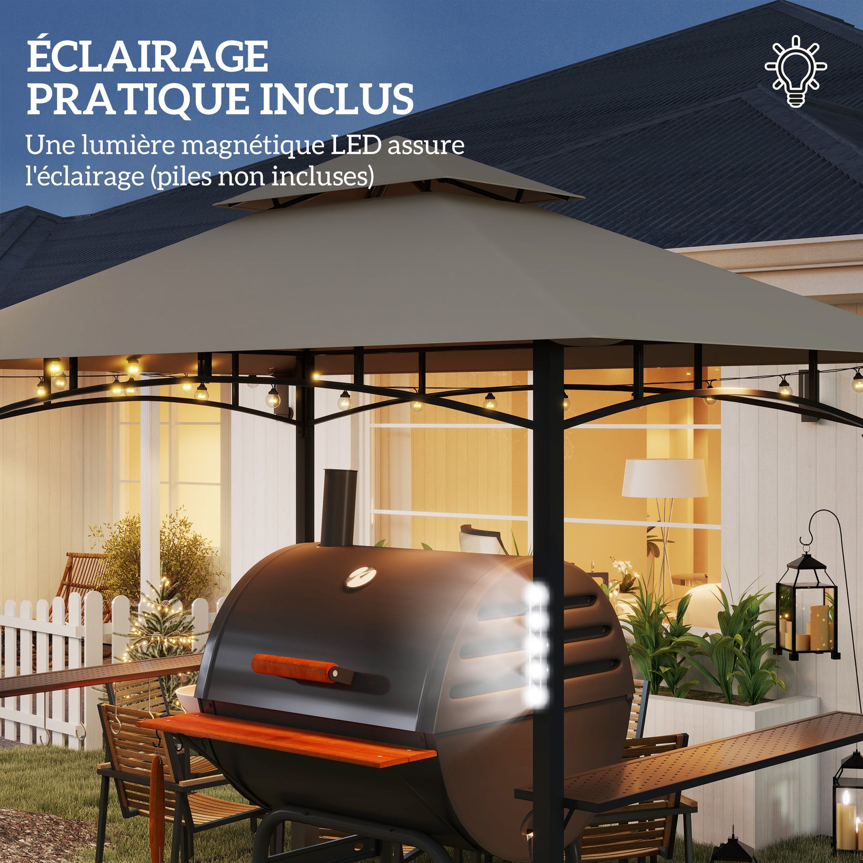 Tonnelle de barbecue à deux niveaux auvent de réception pour jardin avec lumière LED 243 x 148 x 248 cm kaki