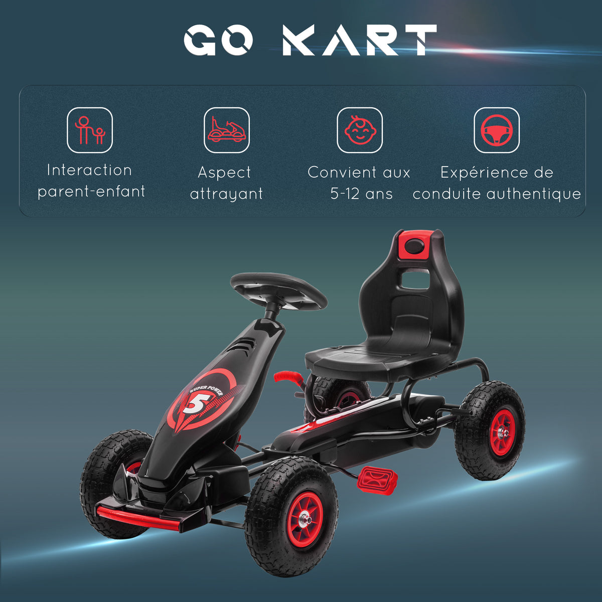 Kart à pédales pour enfant siège réglable 3 positions frein à main enfant de 5 à 12 ans rouge noir