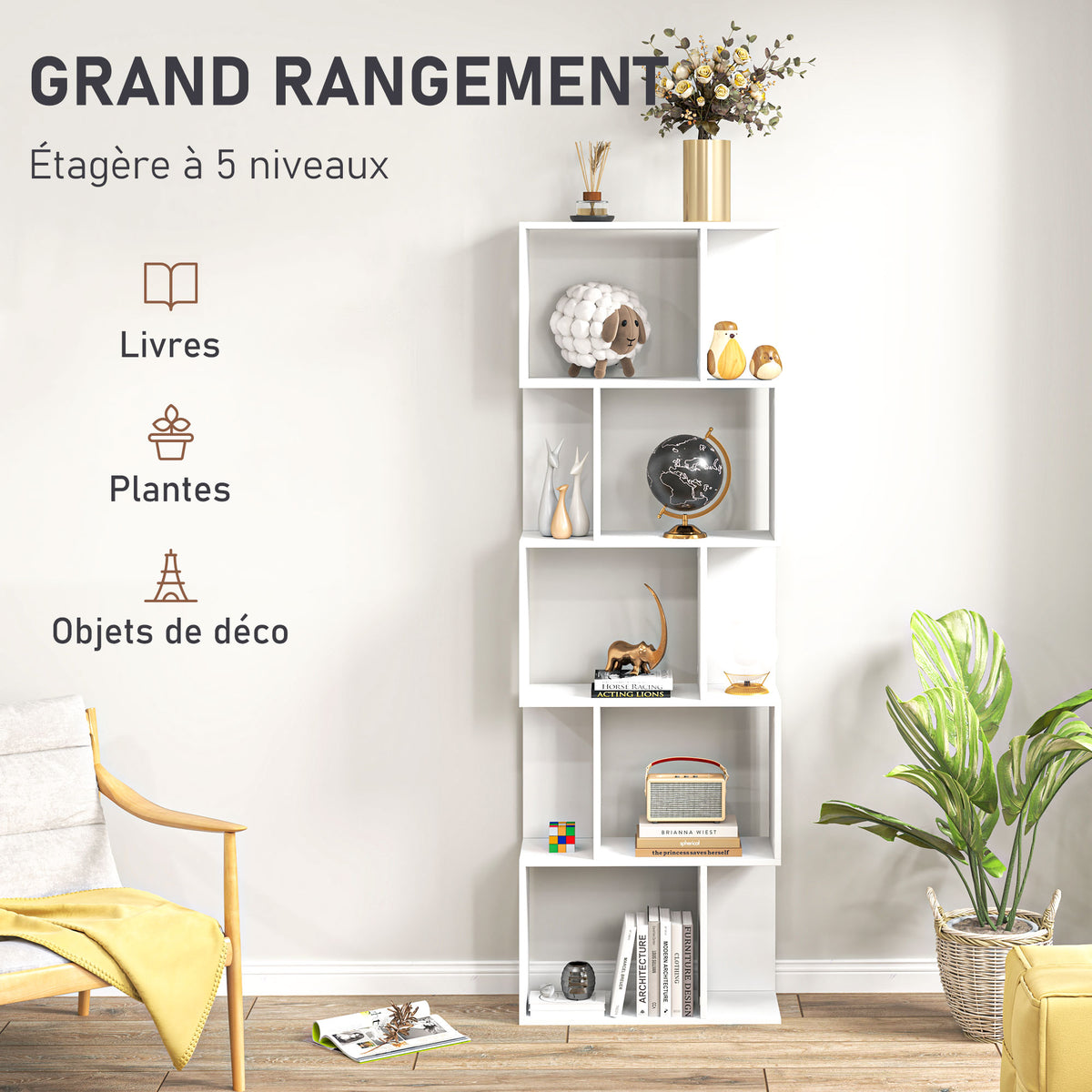 Bibliothèque à 5 niveaux, meuble de rangement en forme de S avec étagères, 60 x 24 x 184,5 cm, blanc