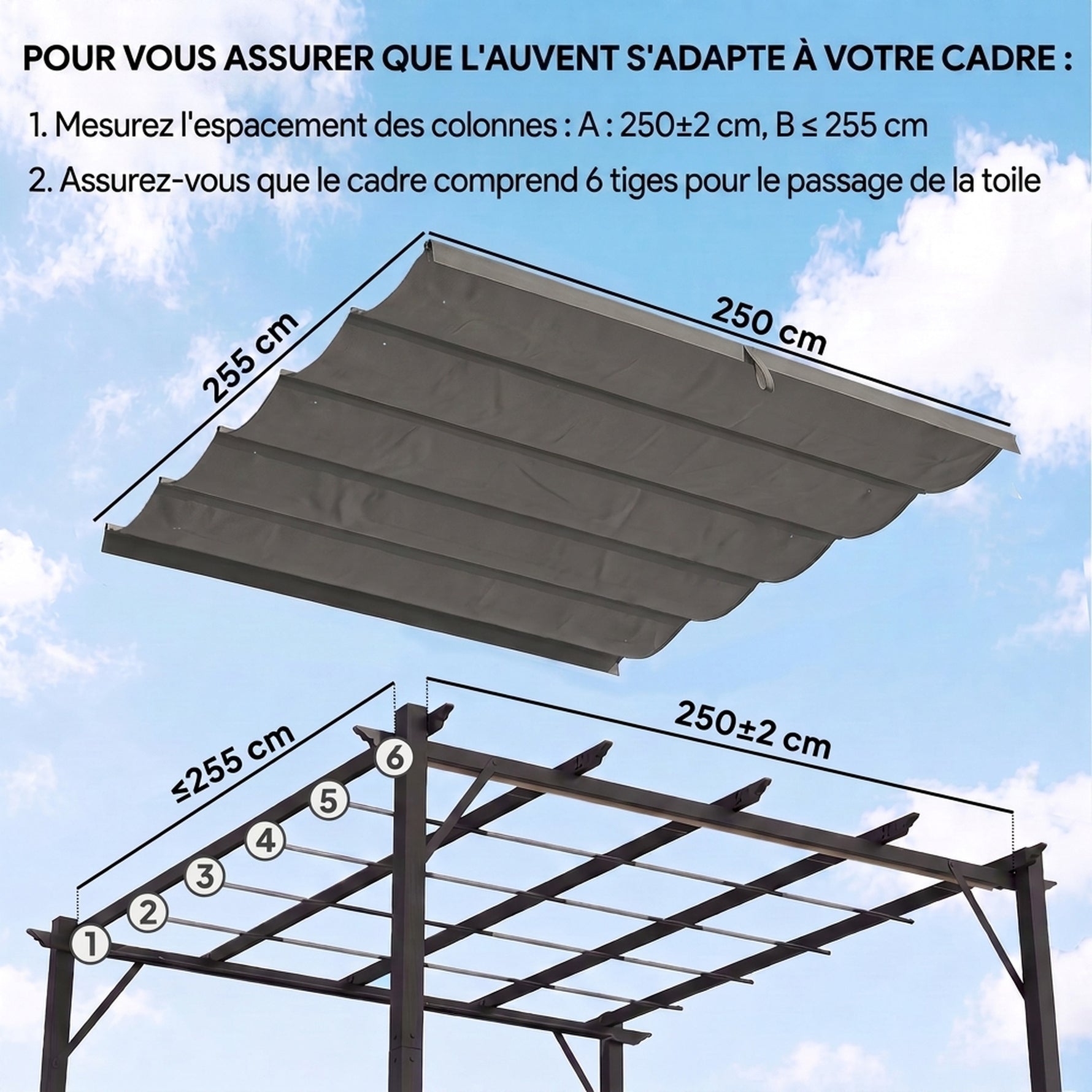 Toile de toit pour pergola tonnelle rétractable de 3 x 3 m - toile uniquement 250 x 255 cm gris clair