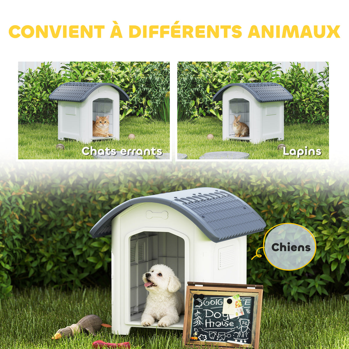 Niche pour Chien Extérieur, Maison pour Chien en Plastique avec Sol Surélevé et Amovible, Toit Imperméable, Gris