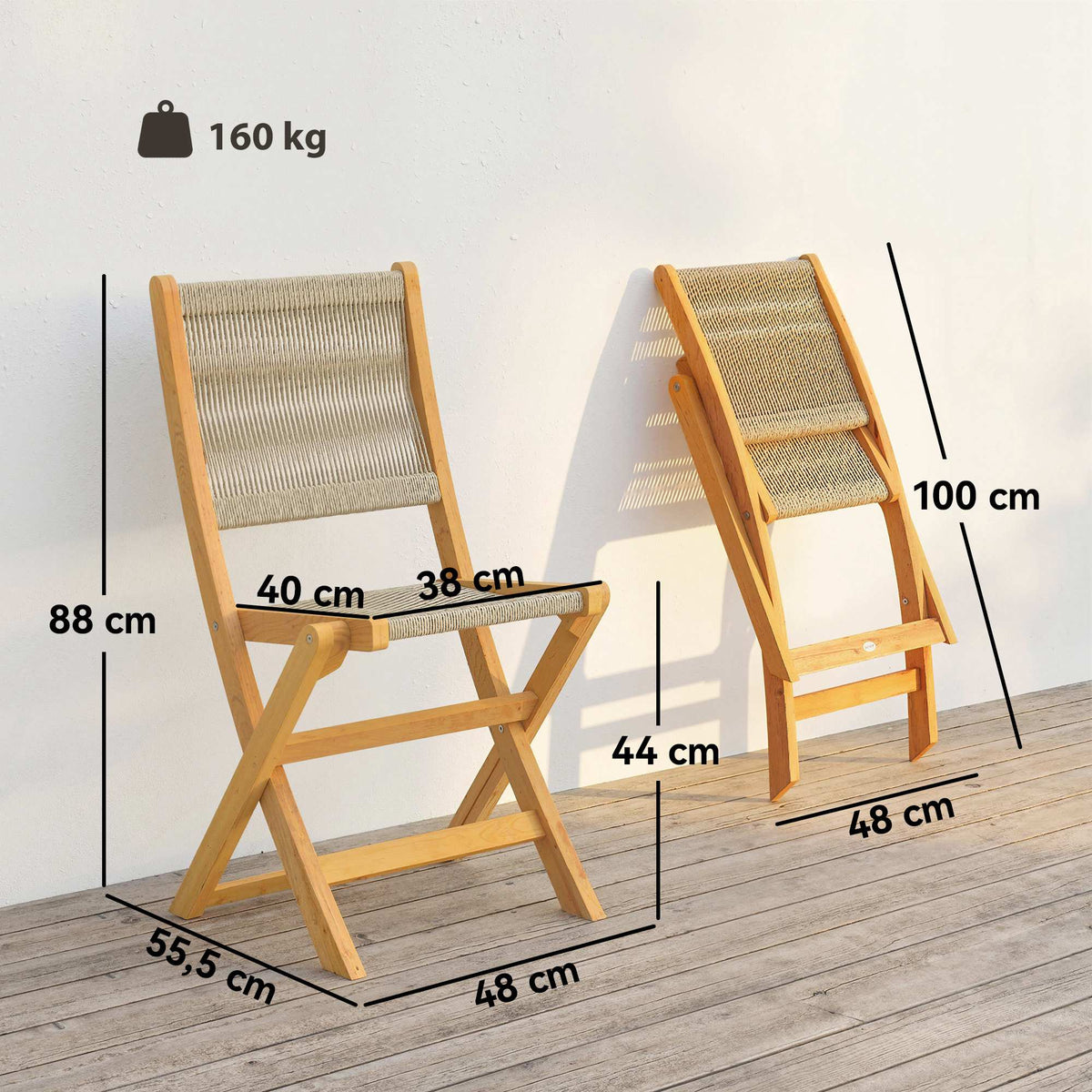 Lot de 2 Chaises de Jardin Pliantes Chaises de Balcon en Bois d'Acacia Assise en Corde Tressée Naturel et Beige
