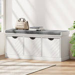 Banc chaussures entrée, banc de rangement avec 3 tiroirs amovibles et coussin rembourré en tissu aspect lin, blanc