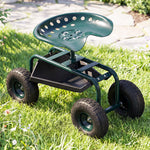 Asiento de jardín con ruedas giratorio 360° y regulable en altura con bandeja para herramientas, carga máx. 150 kg, verde