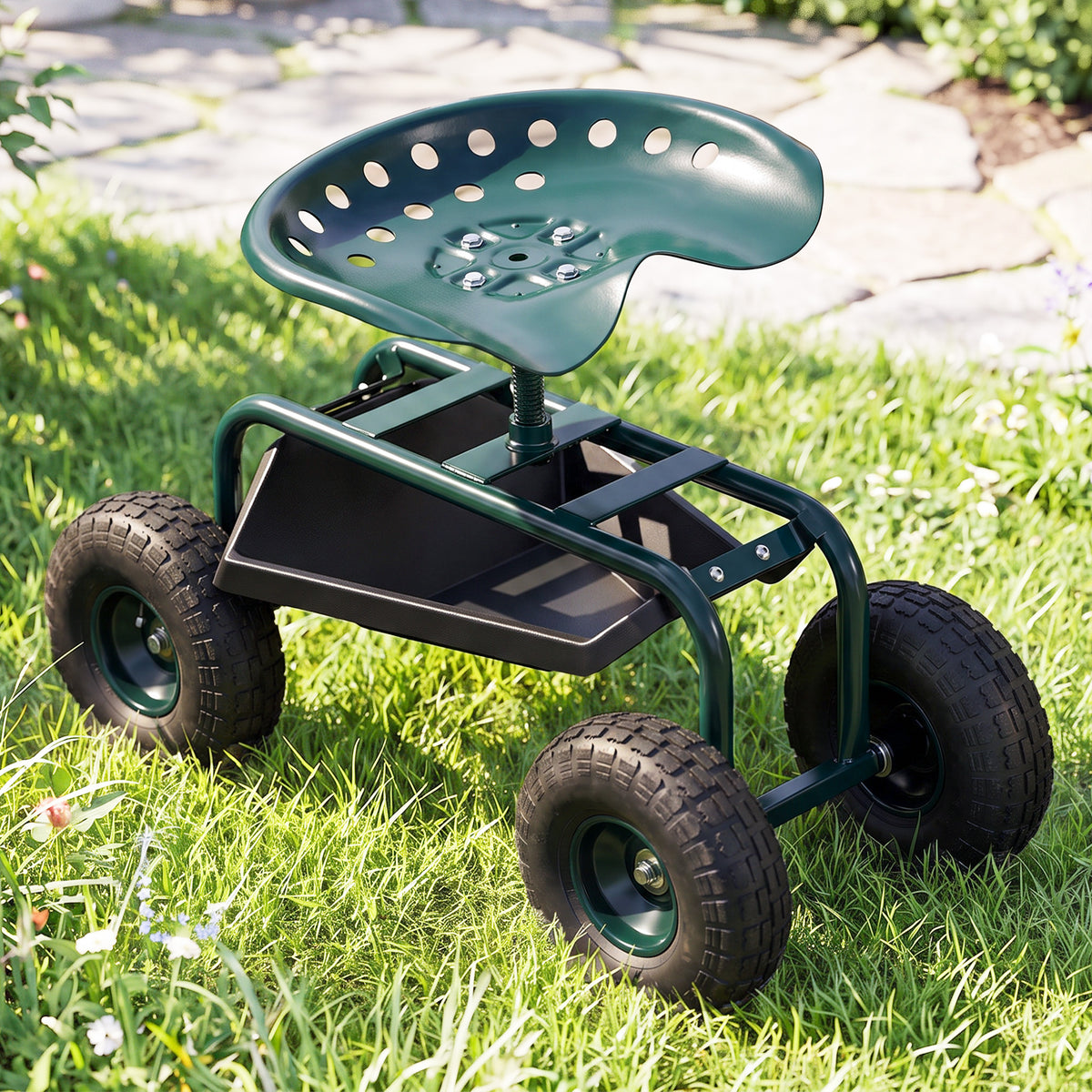Asiento de jardín con ruedas giratorio 360° y regulable en altura con bandeja para herramientas, carga máx. 150 kg, verde