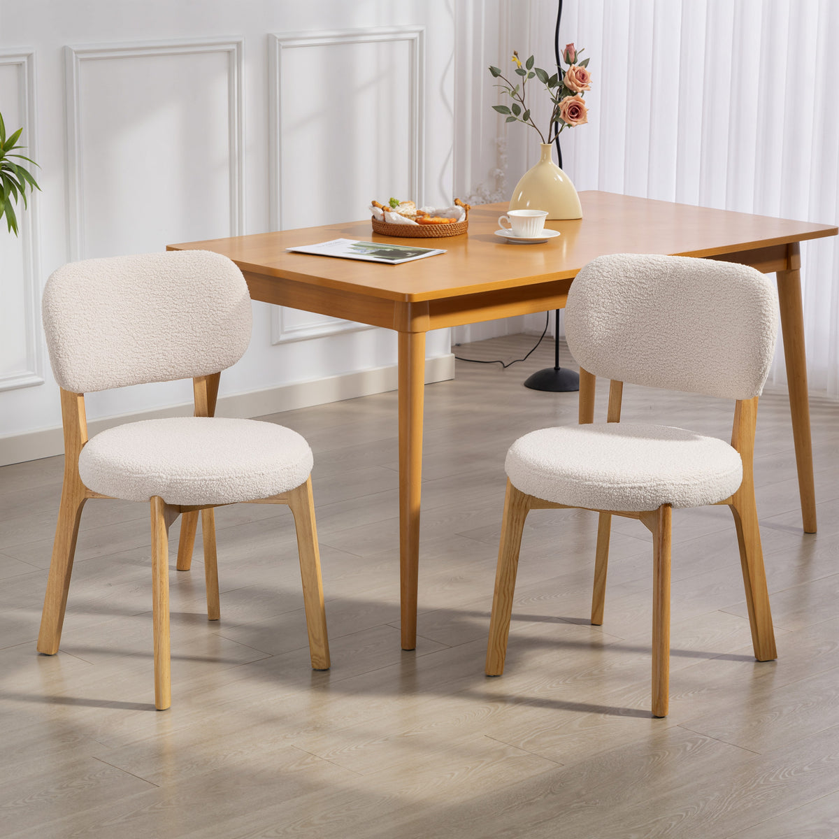 Lot de 2 chaises de salle à manger, chaises de cuisine rembourrées, pieds en bois d'hévéa, 46,5 x 52 x 80 cm, crème