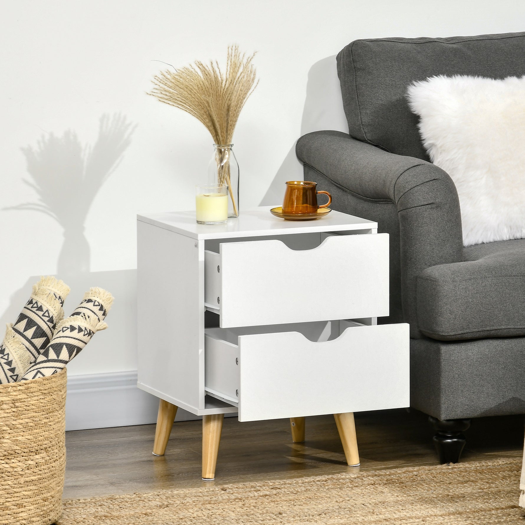 Table de chevet table de nuit avec 2 tiroirs, style scandinave pour chambre à coucher, salon, 40 x 35 x 50,5 cm, blanc