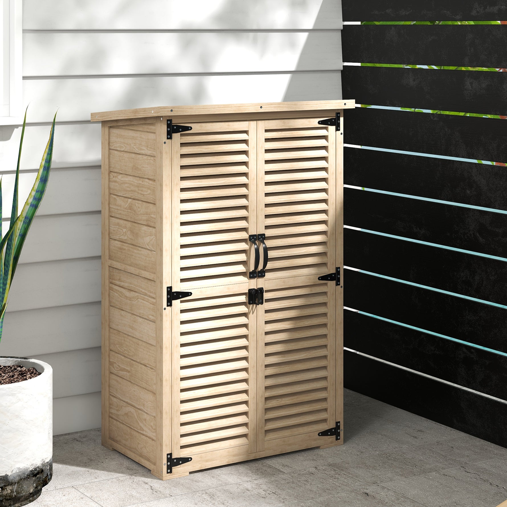 Armoire de jardin remise pour outils en bois 2 étagères toit bitumé portes persiennes verrouillable 75 x 50 x 118