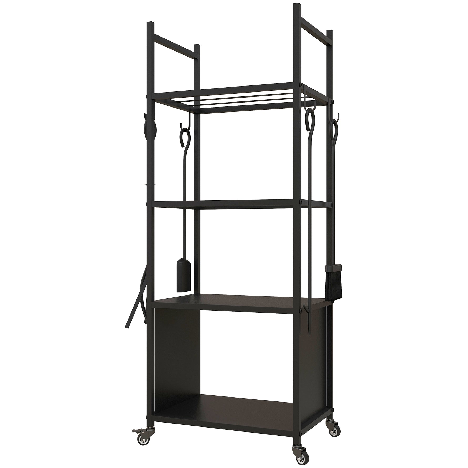Chariot range bûches intérieur, porte-bûches roulettes, 4 outils de cheminée, 4 étagères, métal, 45 x 30 x 118 cm, noir