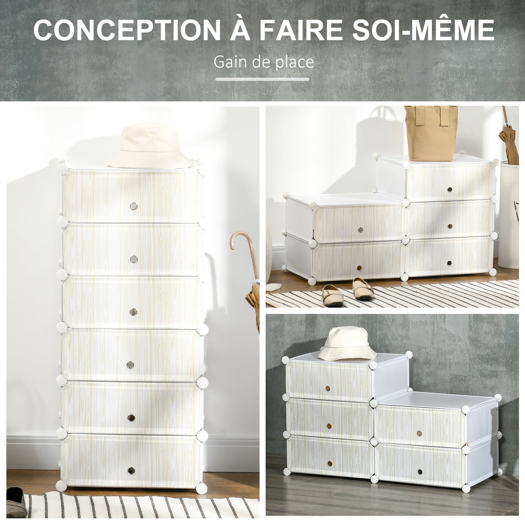 Armoire à chaussures modulable, meuble de rangement avec 6 cubes empilable en plastique, 49 x 36,5 x 108 cm blanc