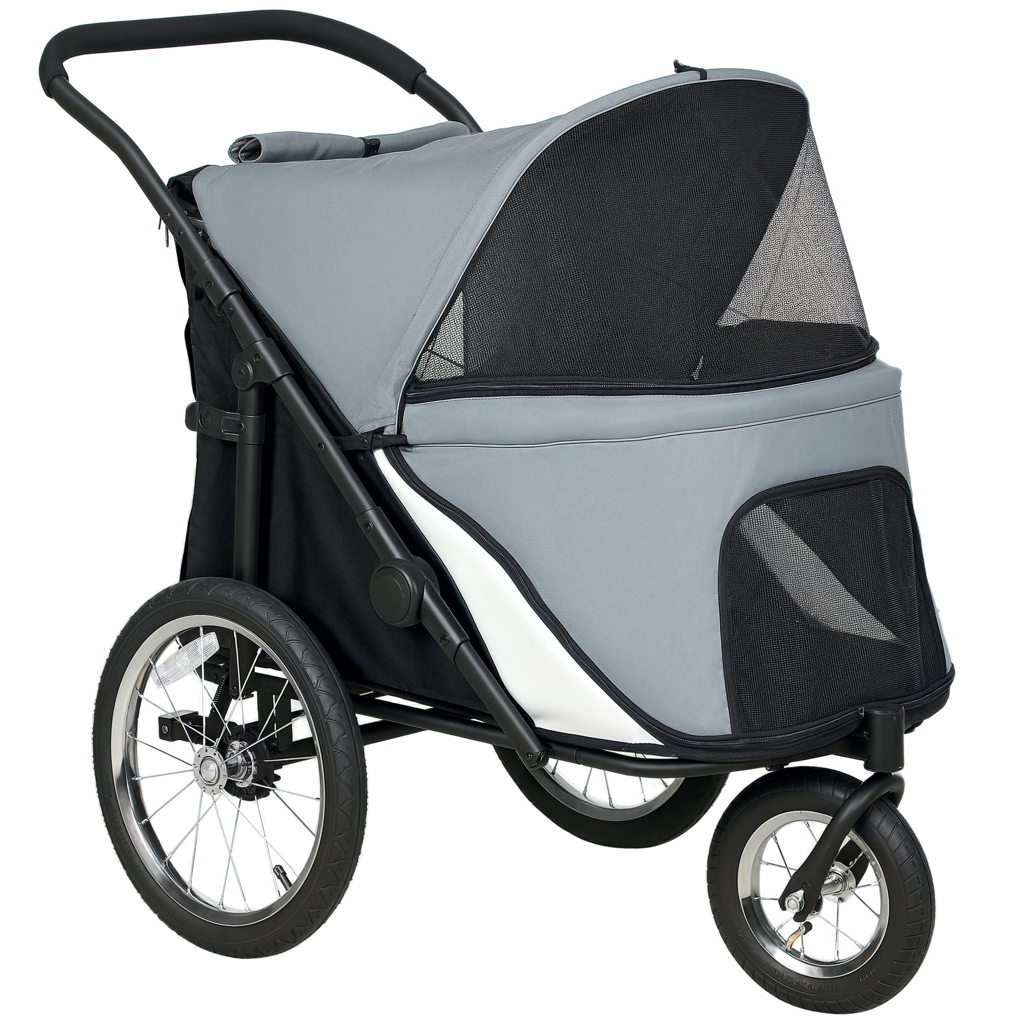 Poussette pour chien 3 roues avec pliage facile, sac de rangement, coussin souple, laisse de sécurité, gris