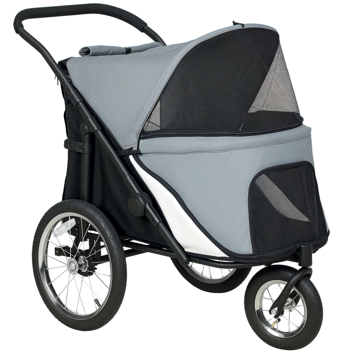 Poussette pour chien 3 roues avec pliage facile, sac de rangement, coussin souple, laisse de sécurité, gris
