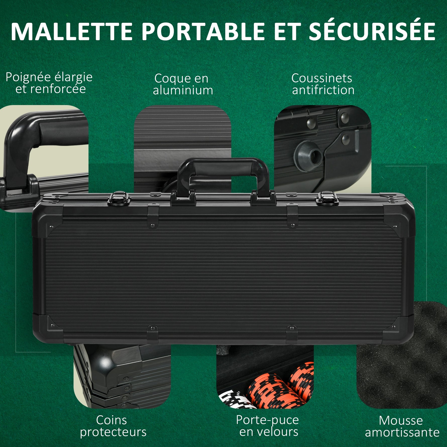 Mallette de Poker Coffret de Poker Complet, avec 500 jetons 5 dés 2 Jeux de Cartes 3 boutons