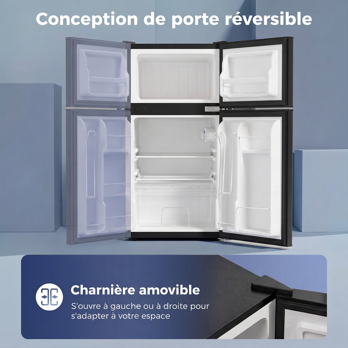Mini Frigorifero Congelatore 90 L, Piccolo Frigo Compatto Silenzioso, 2 Porte Reversibili, Termostato Regolabile, Nero
